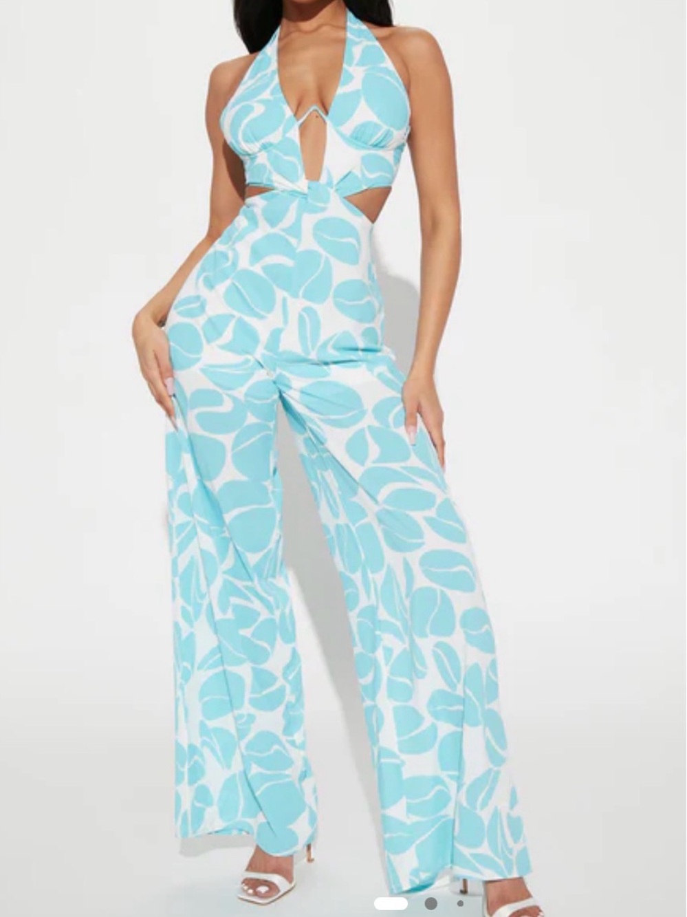 Cutout Halter Wide-Leg Jumpsuit in Aqua Floral size small